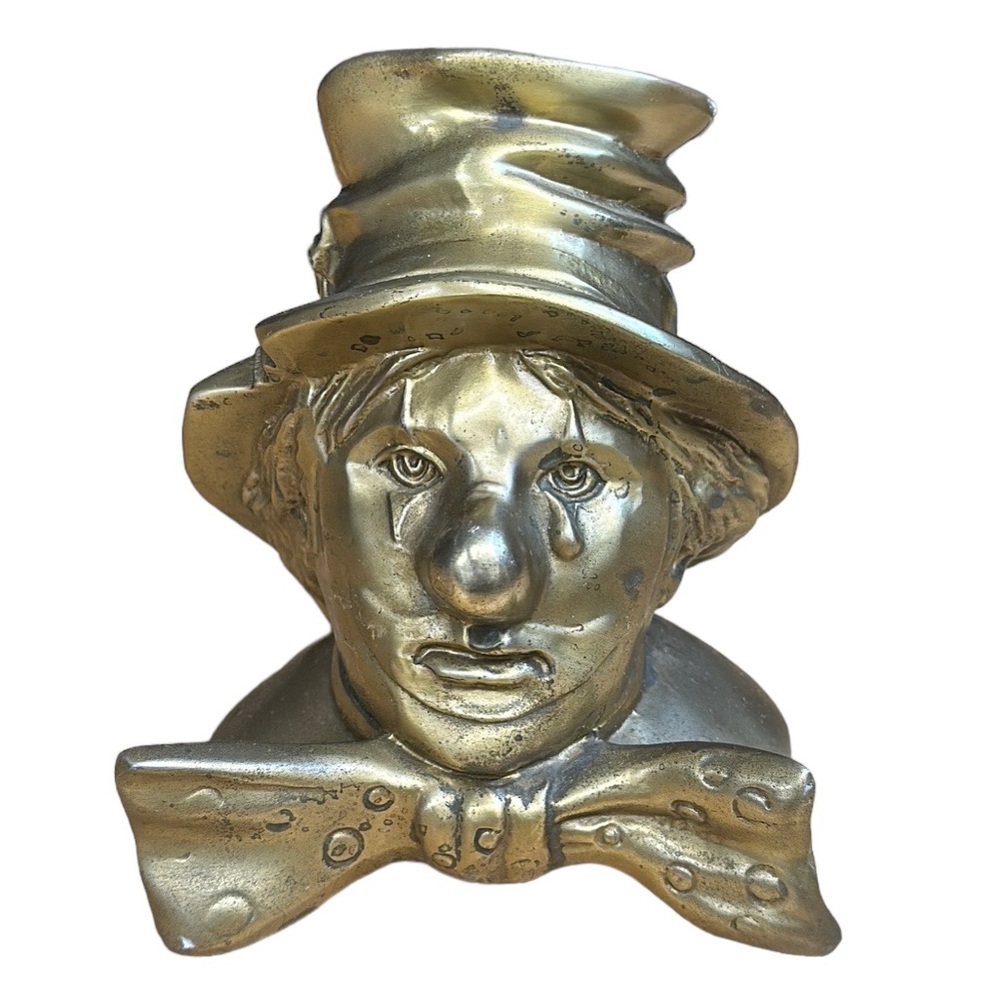 Vintage Brass Crying Clown Bookend Paper Weight Holder By PM Craftsman USA